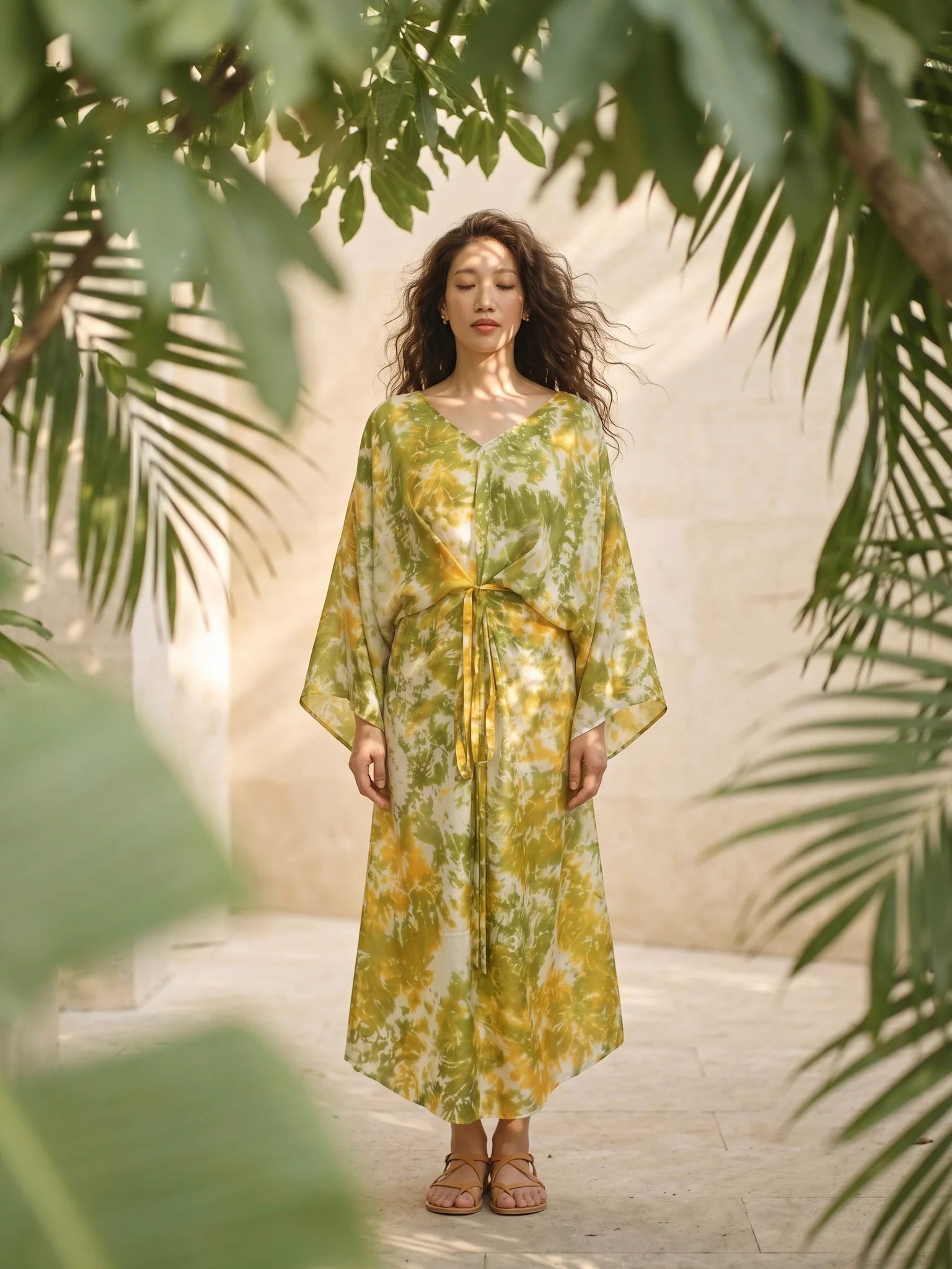 Đầm kaftan lụa tơ tằm nhuộm loang tie-dye thời trang Hity