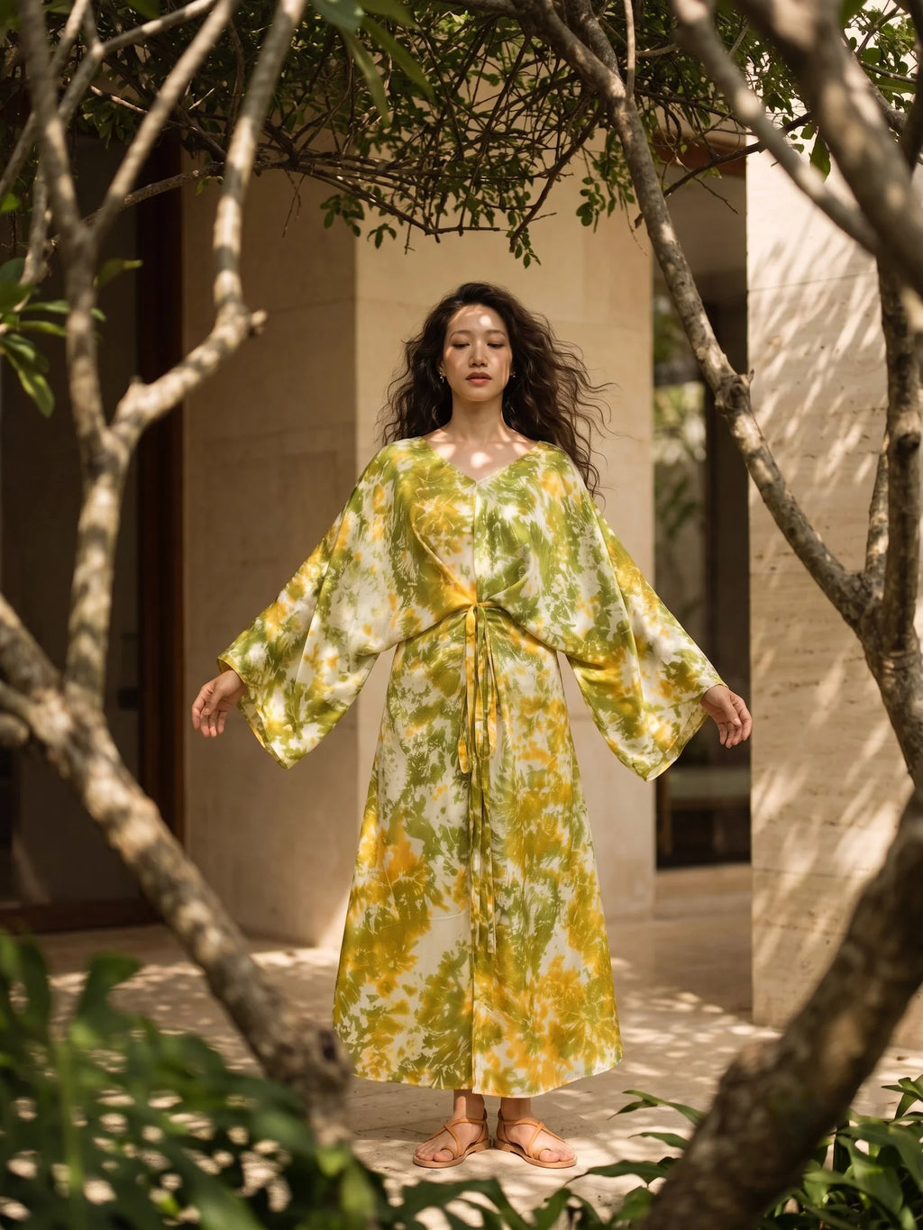 Đầm kaftan lụa tơ tằm nhuộm loang tie-dye thời trang Hity