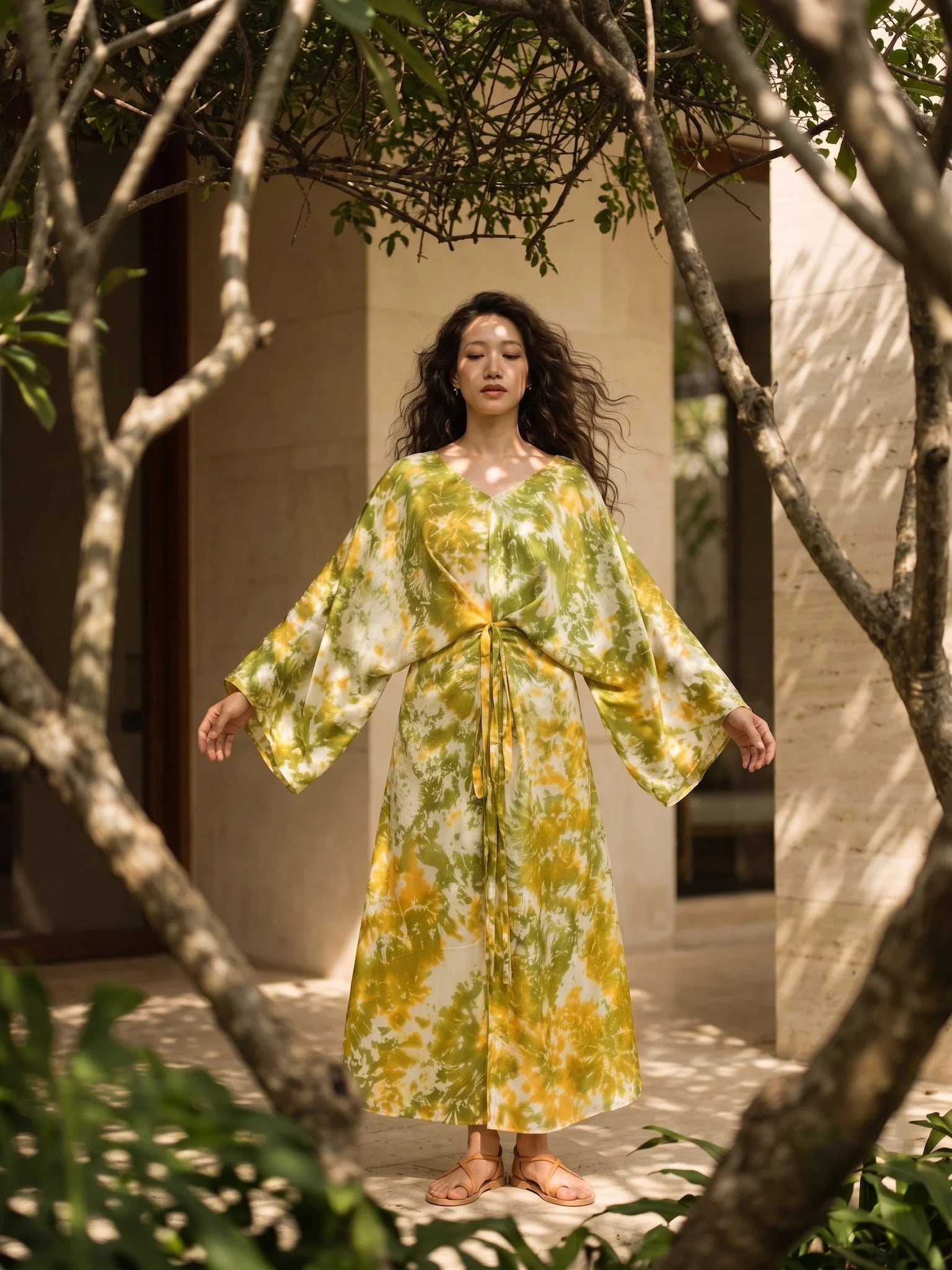 Đầm kaftan lụa tơ tằm nhuộm loang tie-dye thời trang Hity