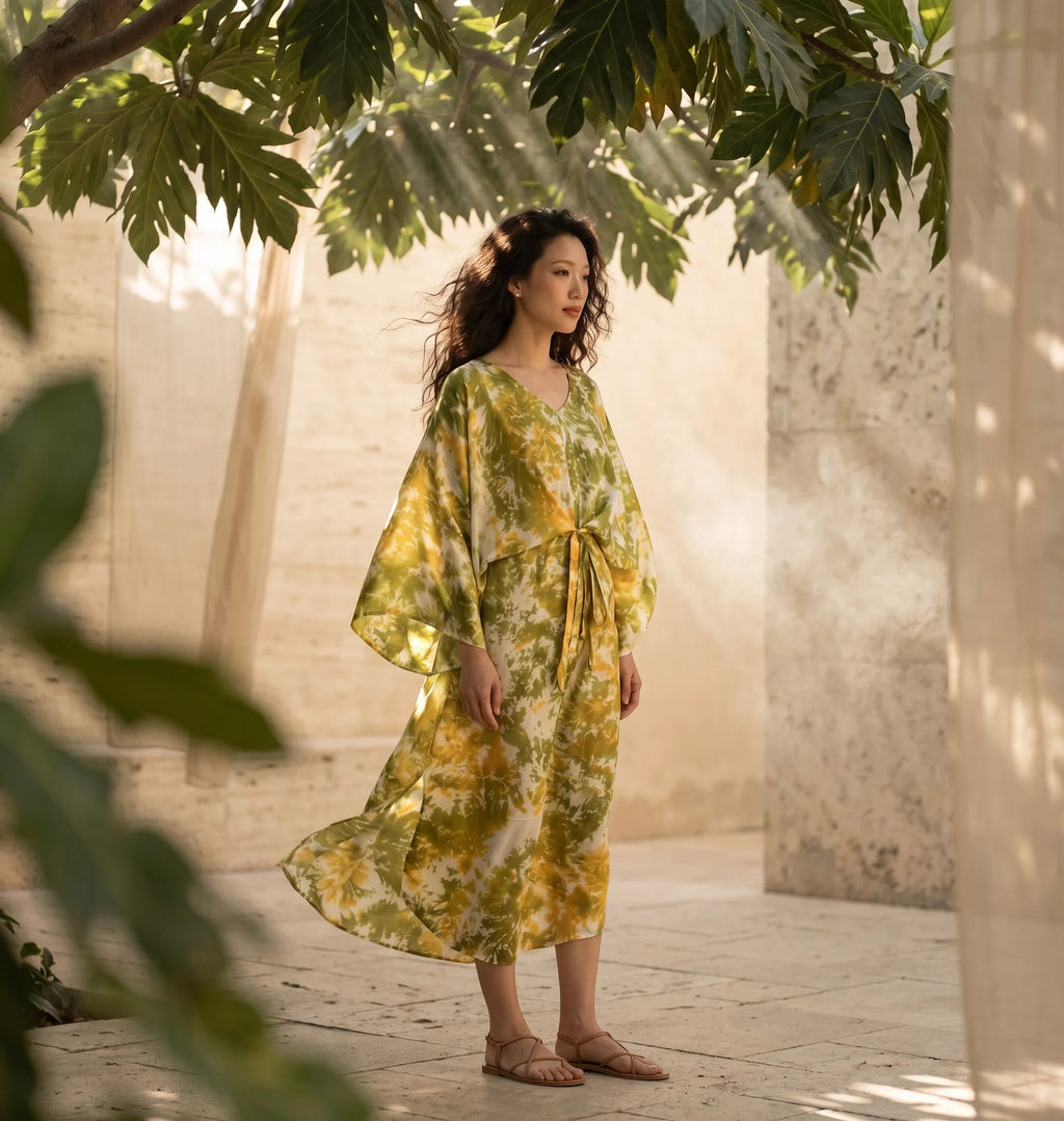Đầm kaftan lụa tơ tằm nhuộm loang tie-dye thời trang Hity