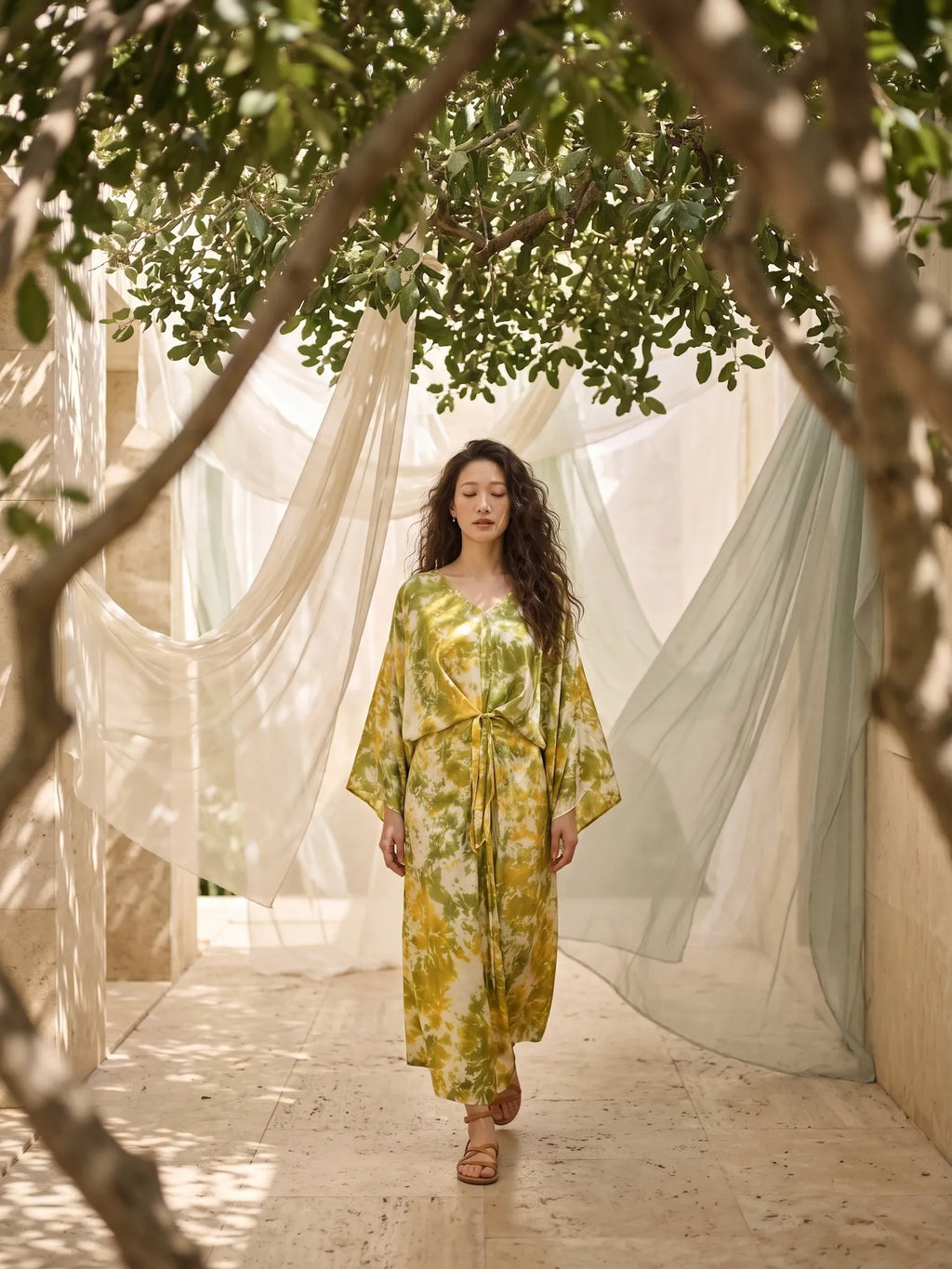 Đầm kaftan lụa tơ tằm nhuộm loang tie-dye thời trang Hity