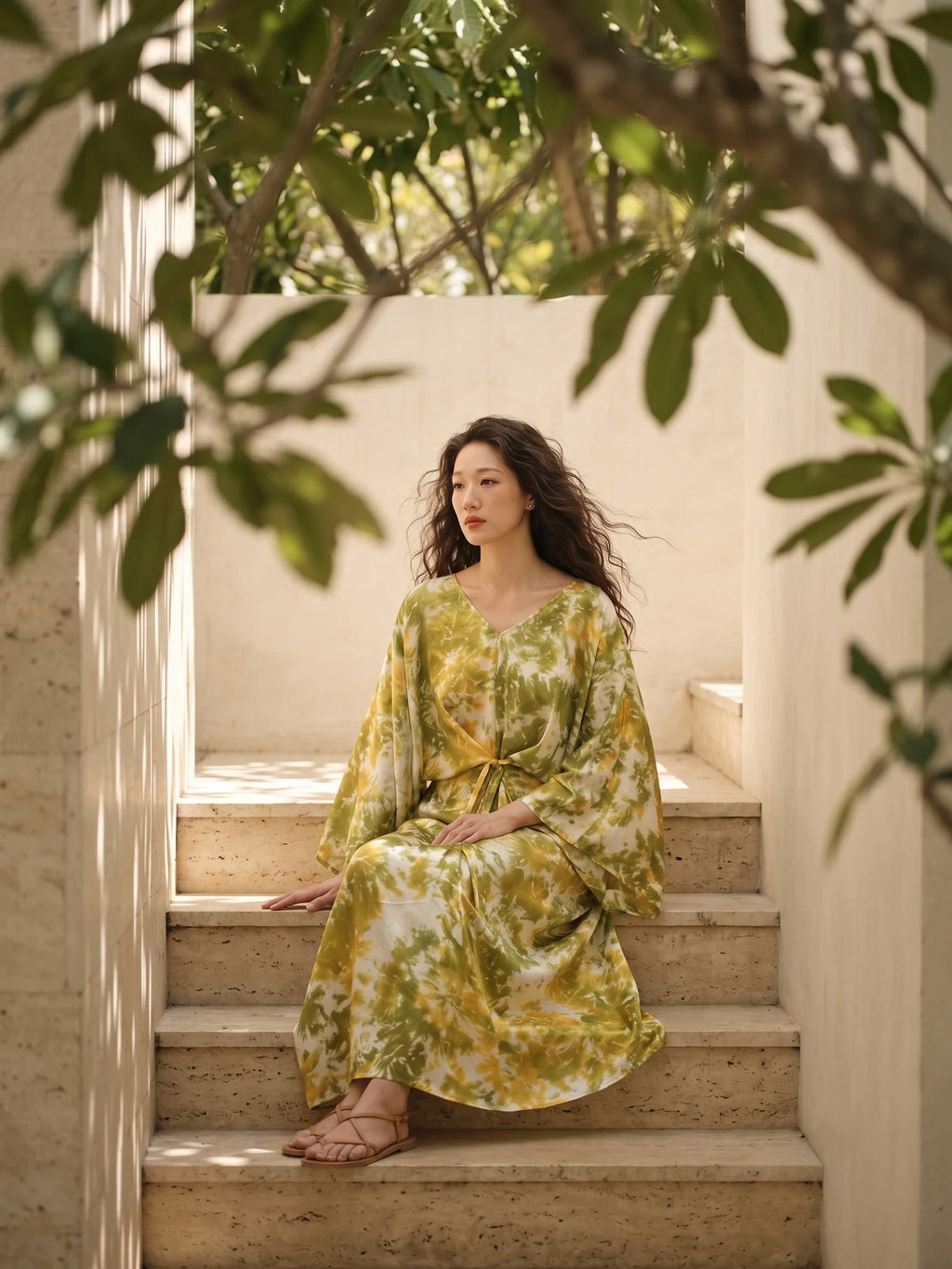 Đầm kaftan lụa tơ tằm nhuộm loang tie-dye thời trang Hity