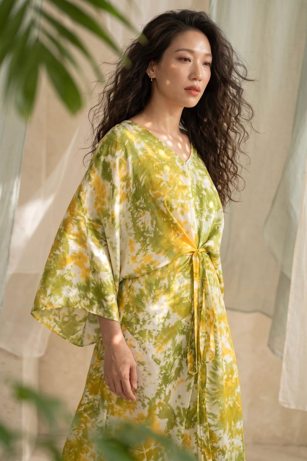 Đầm kaftan lụa tơ tằm nhuộm loang tie-dye thời trang Hity