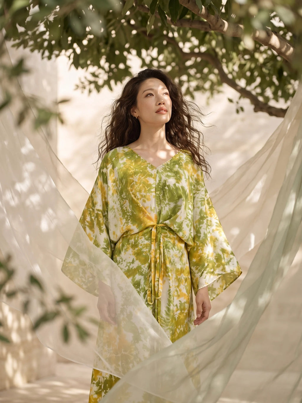 Đầm kaftan lụa tơ tằm nhuộm loang tie-dye thời trang Hity