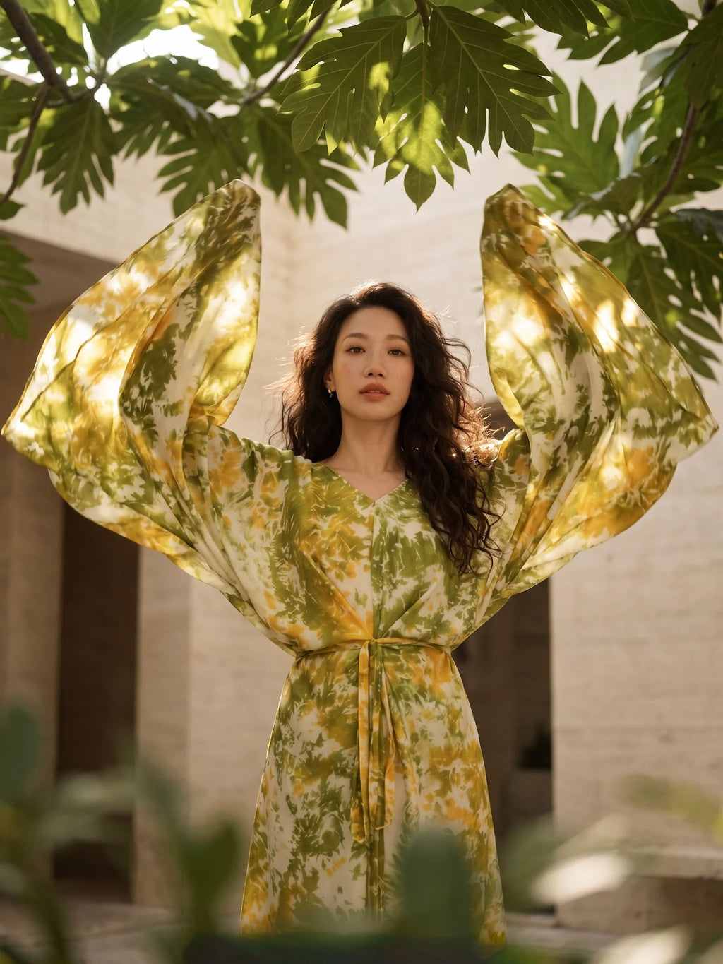 Đầm kaftan lụa tơ tằm nhuộm loang tie-dye thời trang Hity