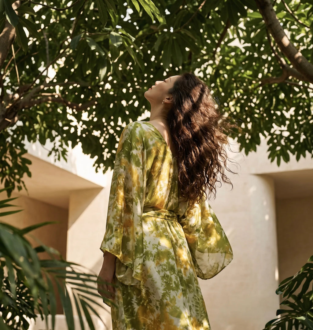 Đầm kaftan lụa tơ tằm nhuộm loang tie-dye thời trang Hity