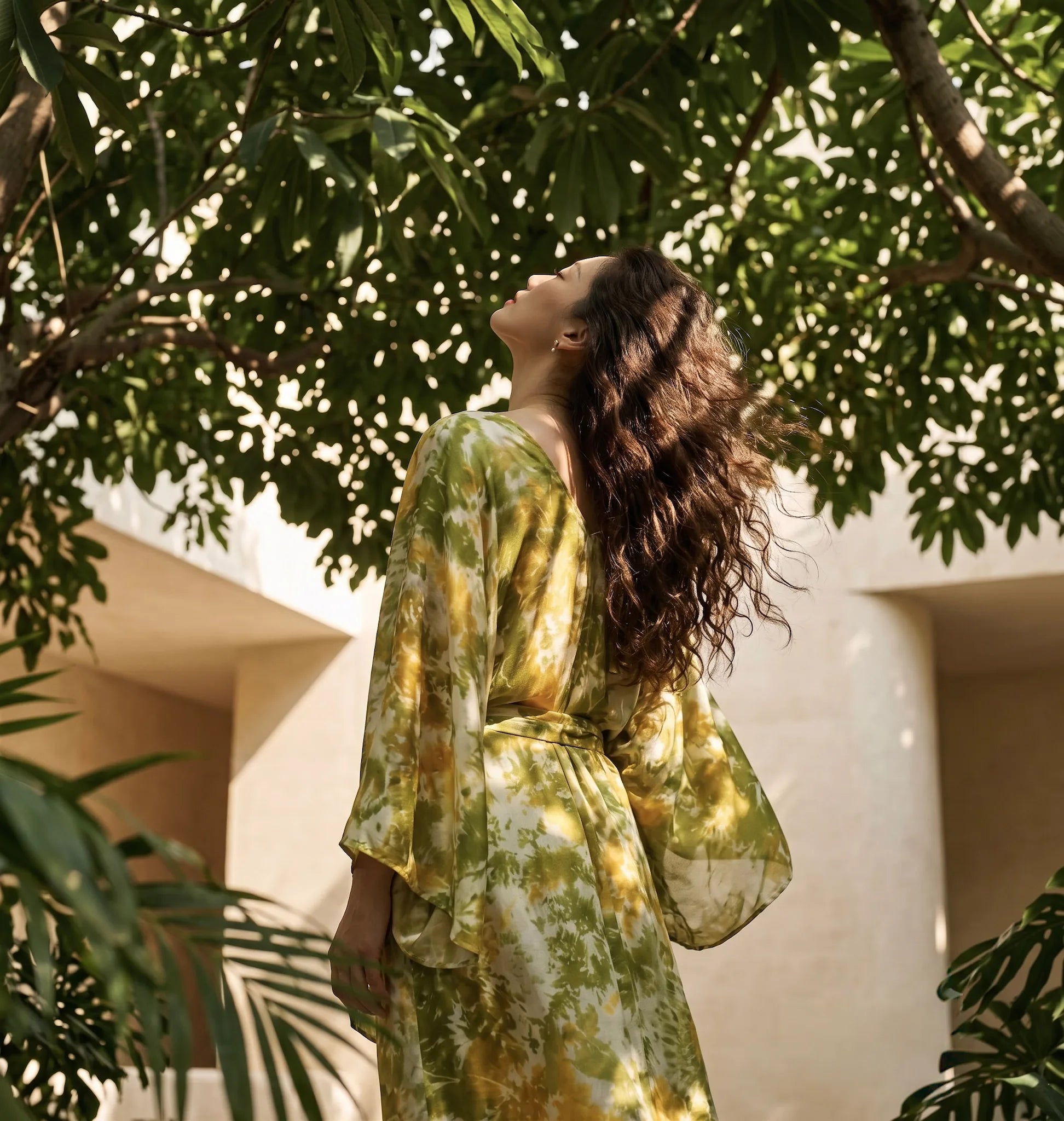 Đầm kaftan lụa tơ tằm nhuộm loang tie-dye thời trang Hity
