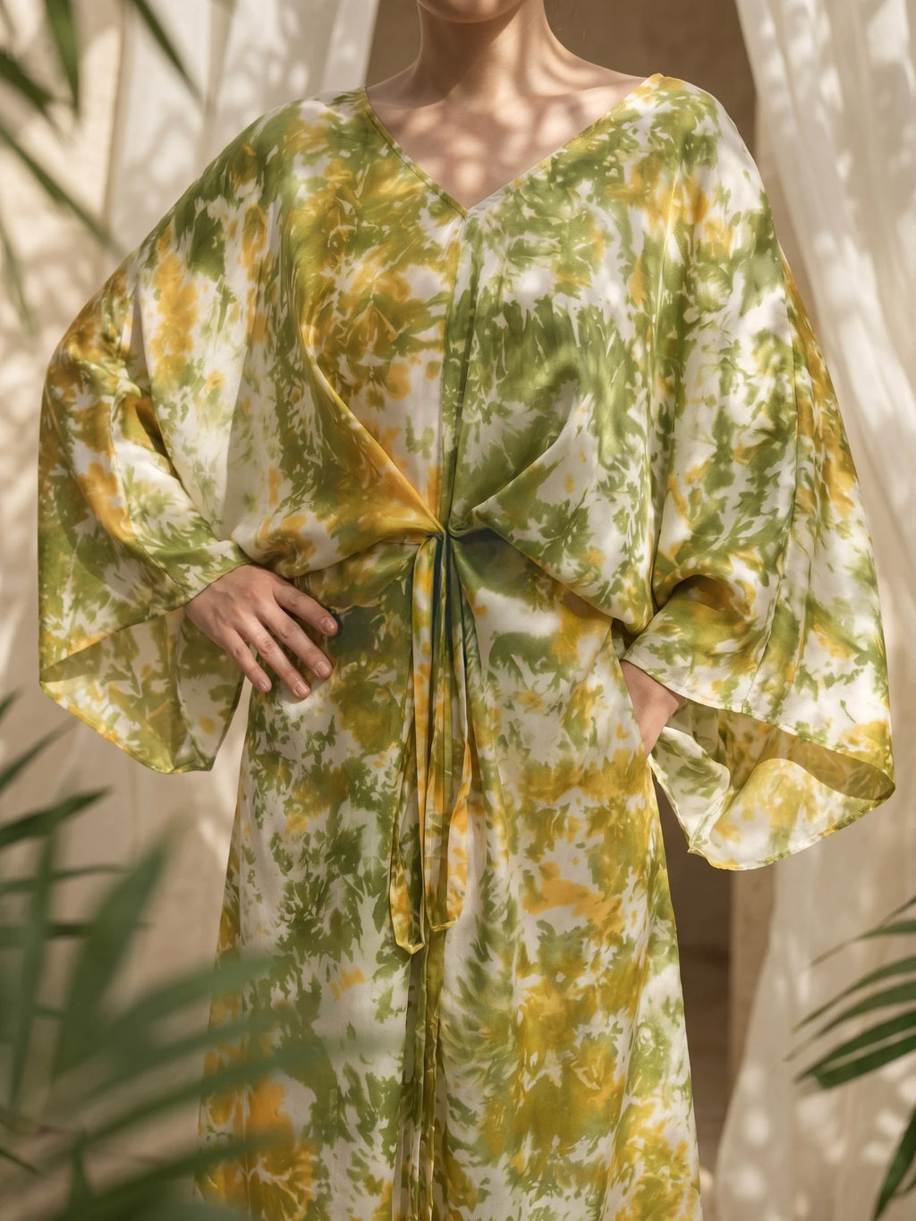 Đầm kaftan lụa tơ tằm nhuộm loang tie-dye thời trang Hity