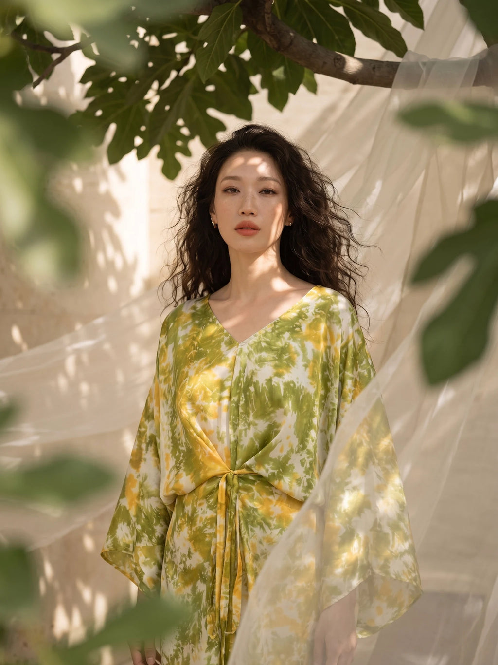 Đầm kaftan lụa tơ tằm nhuộm loang tie-dye thời trang Hity