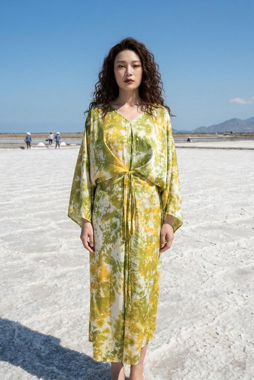 Đầm kaftan maxi lụa tơ tằm nhuộm loang thời trang Hity