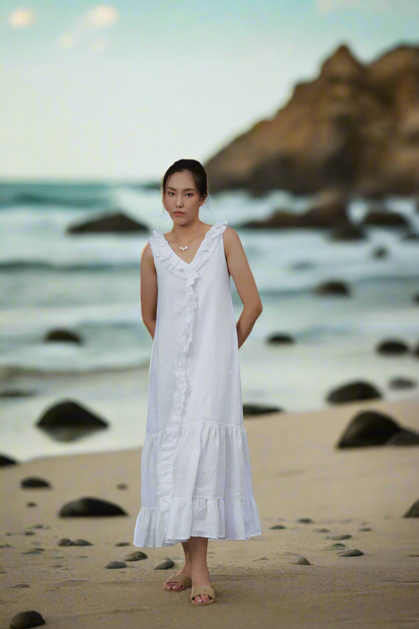 Đầm maxi suông linen trắng thêu rua chỉ thời trang Hity