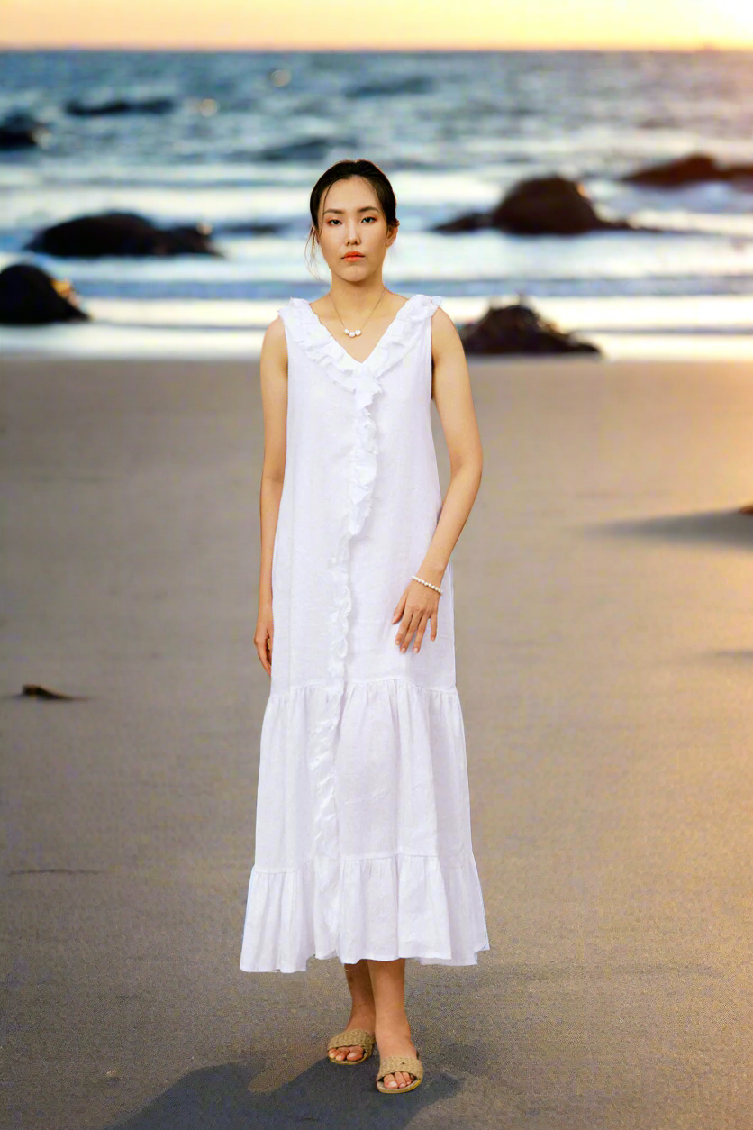 Đầm maxi suông linen trắng thêu rua chỉ thời trang Hity