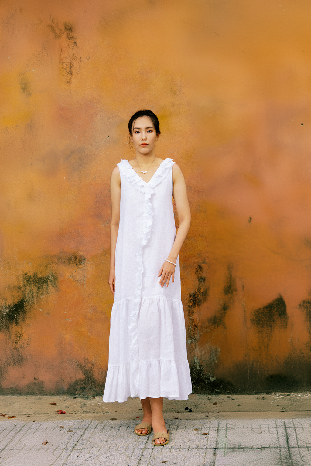 Đầm maxi suông linen trắng thêu rua chỉ thời trang Hity