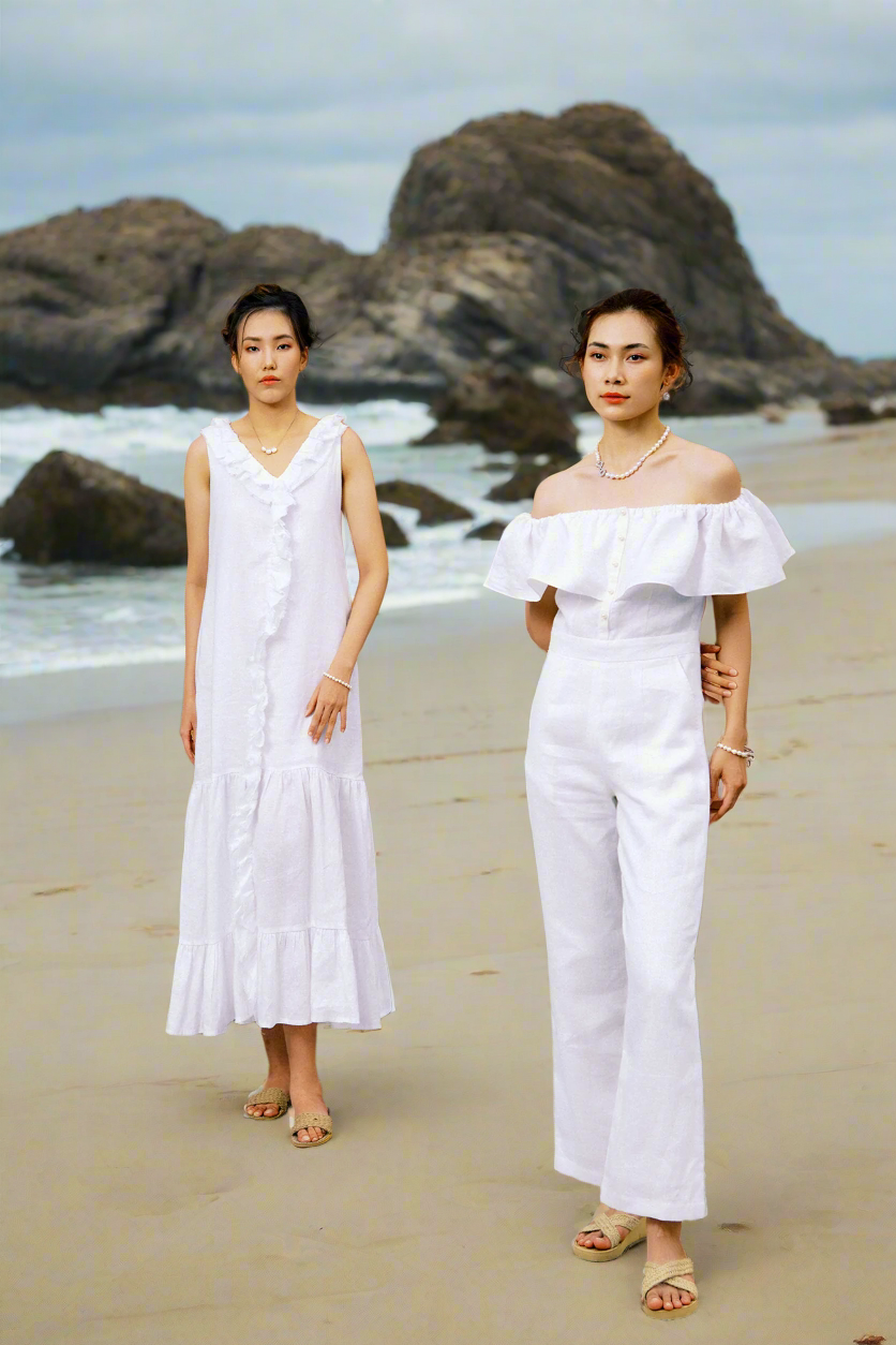 Đầm maxi suông linen trắng thêu rua chỉ thời trang Hity