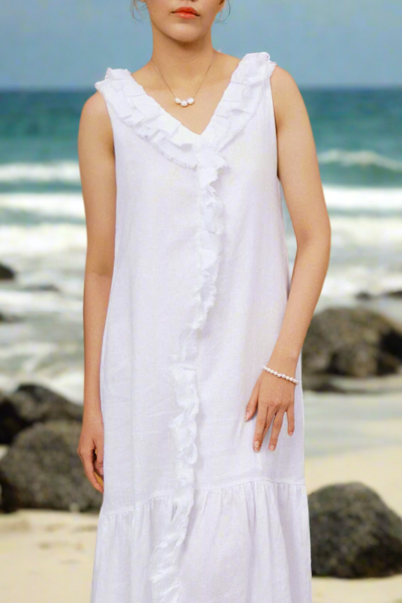 Đầm maxi suông linen trắng thêu rua chỉ thời trang Hity