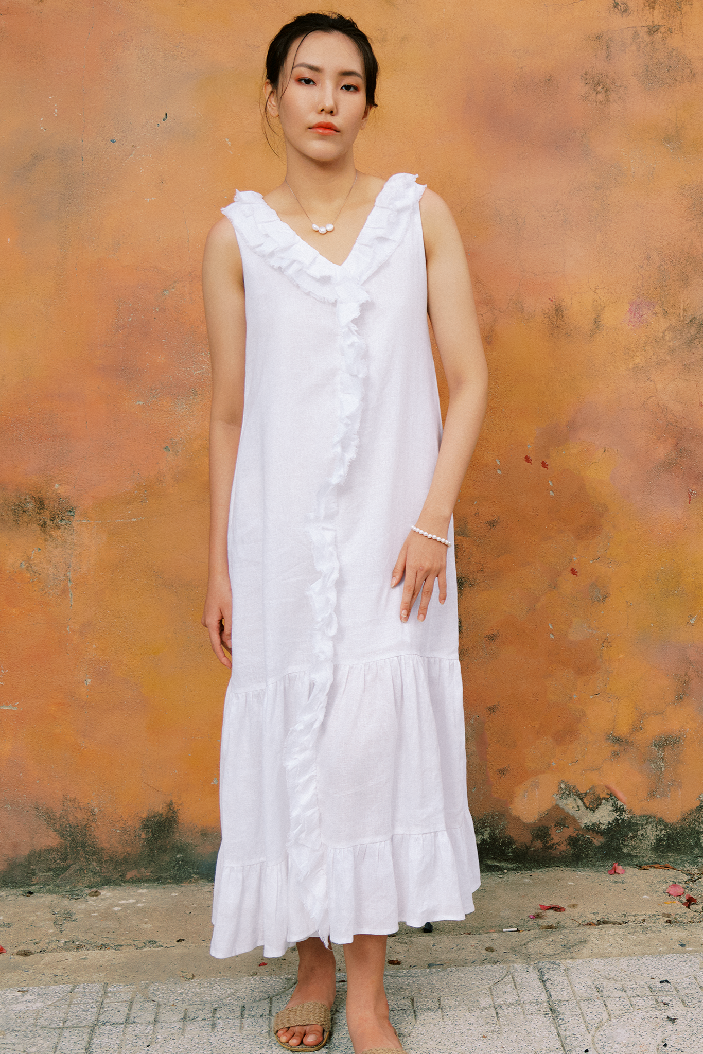 Đầm maxi suông linen trắng thêu rua chỉ thời trang Hity