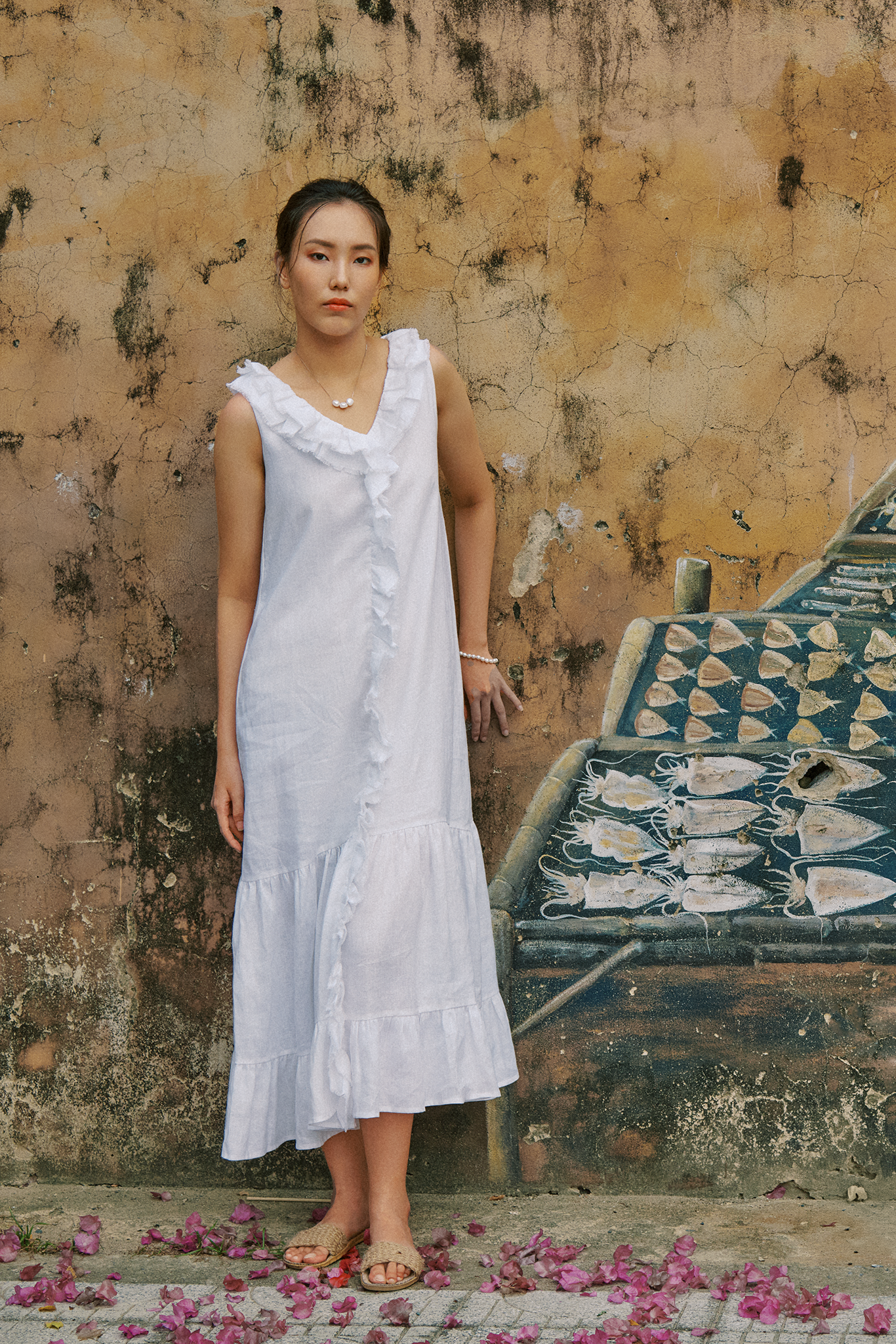 Đầm maxi suông linen trắng thêu rua chỉ thời trang Hity