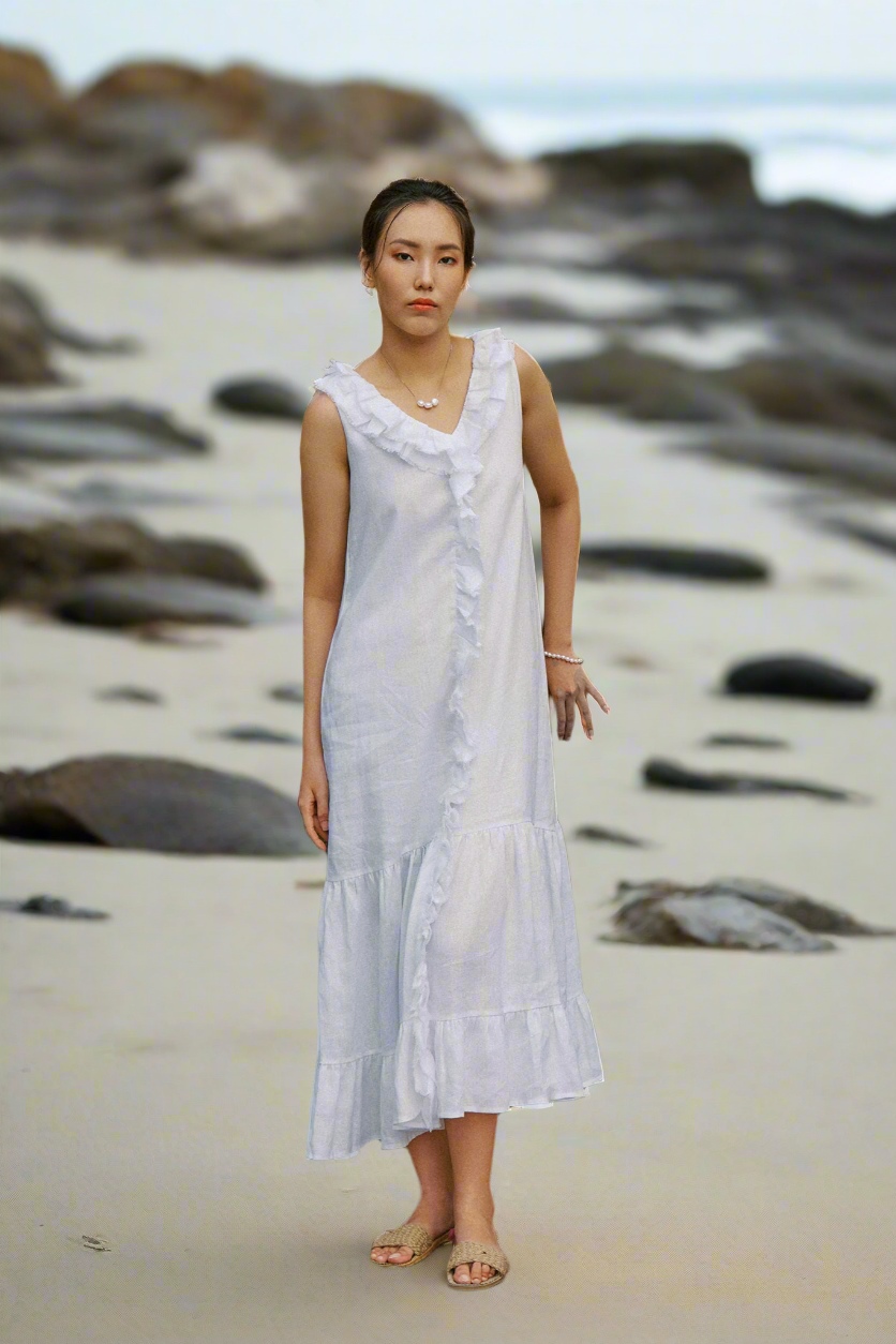 Đầm maxi suông linen trắng thêu rua chỉ thời trang Hity