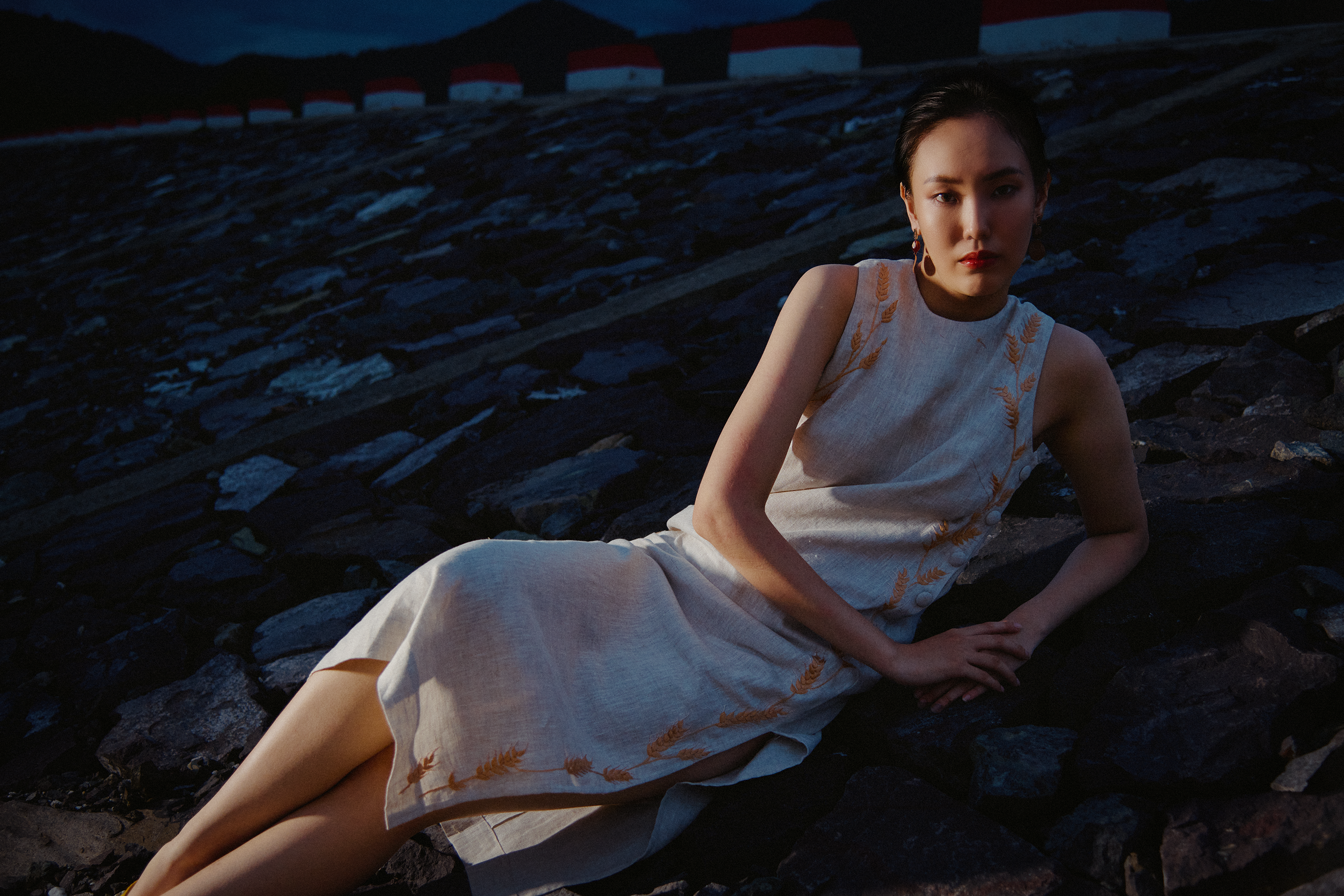 Đầm suông dáng dài xẻ tà linen thêu tay bông lúa thời trang Hity