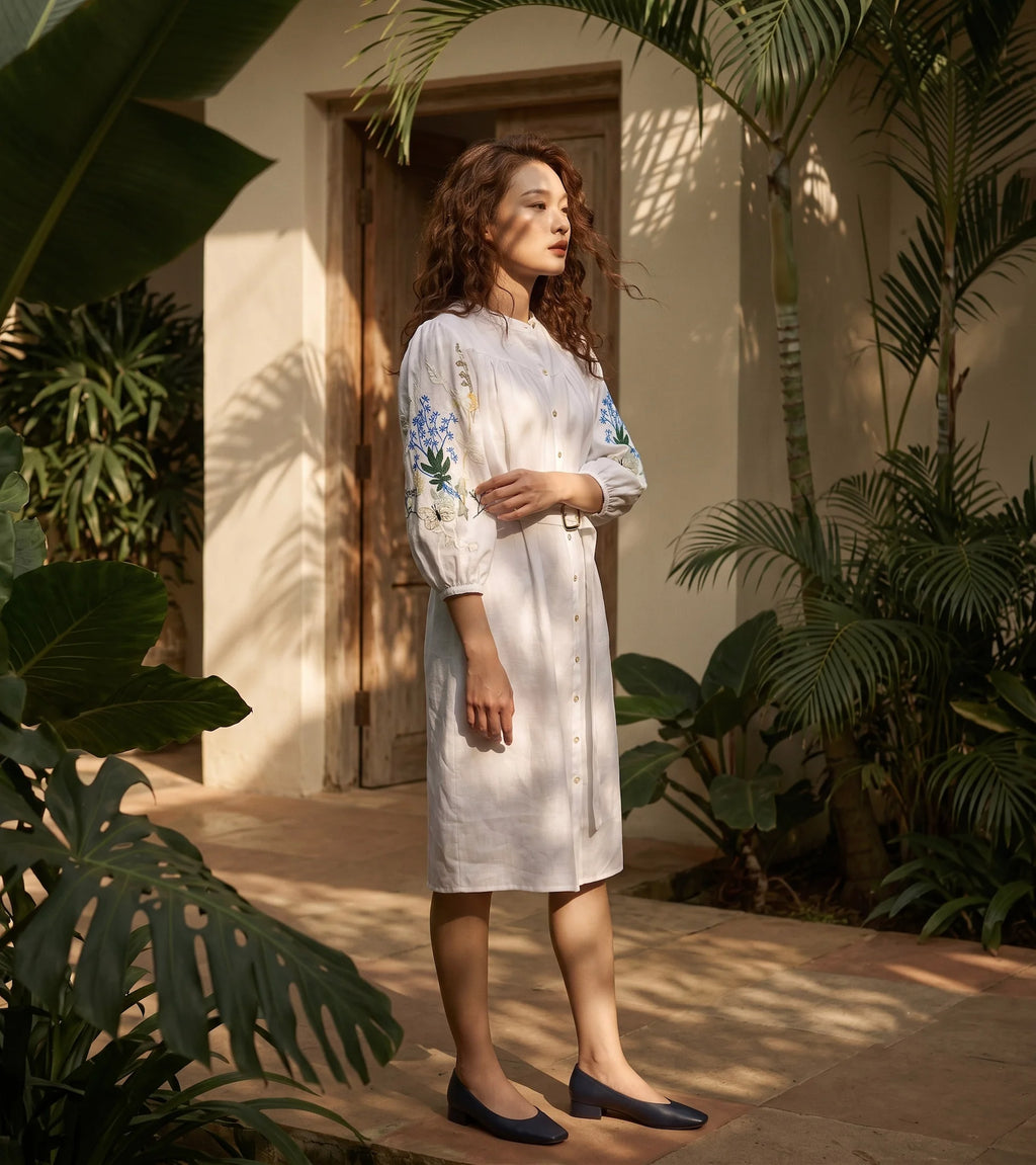 Đầm suông linen trắng thêu tay Mơ thời trang Hity