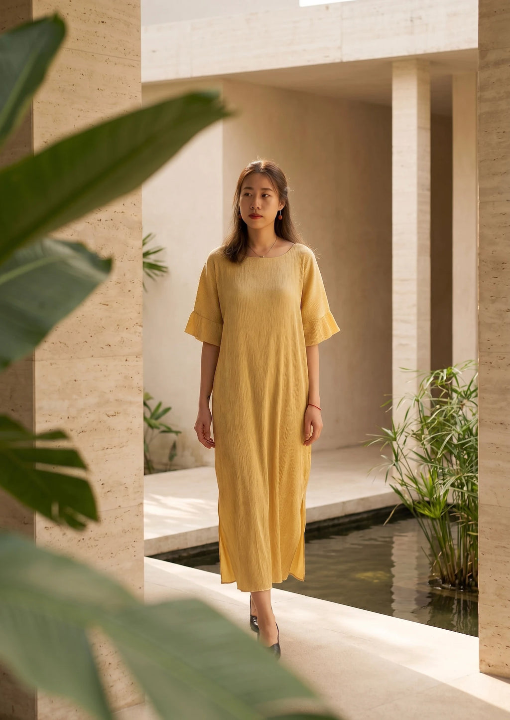 Đầm lụa dún Tám Lăng vàng rễ cây nhàu thời trang Hity