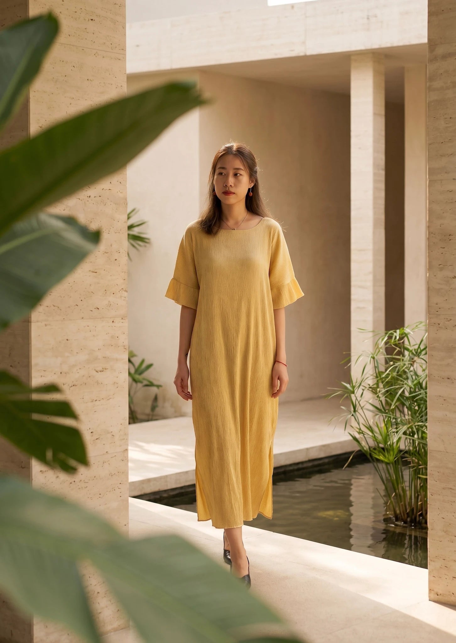 Đầm lụa dún Tám Lăng vàng rễ cây nhàu thời trang Hity