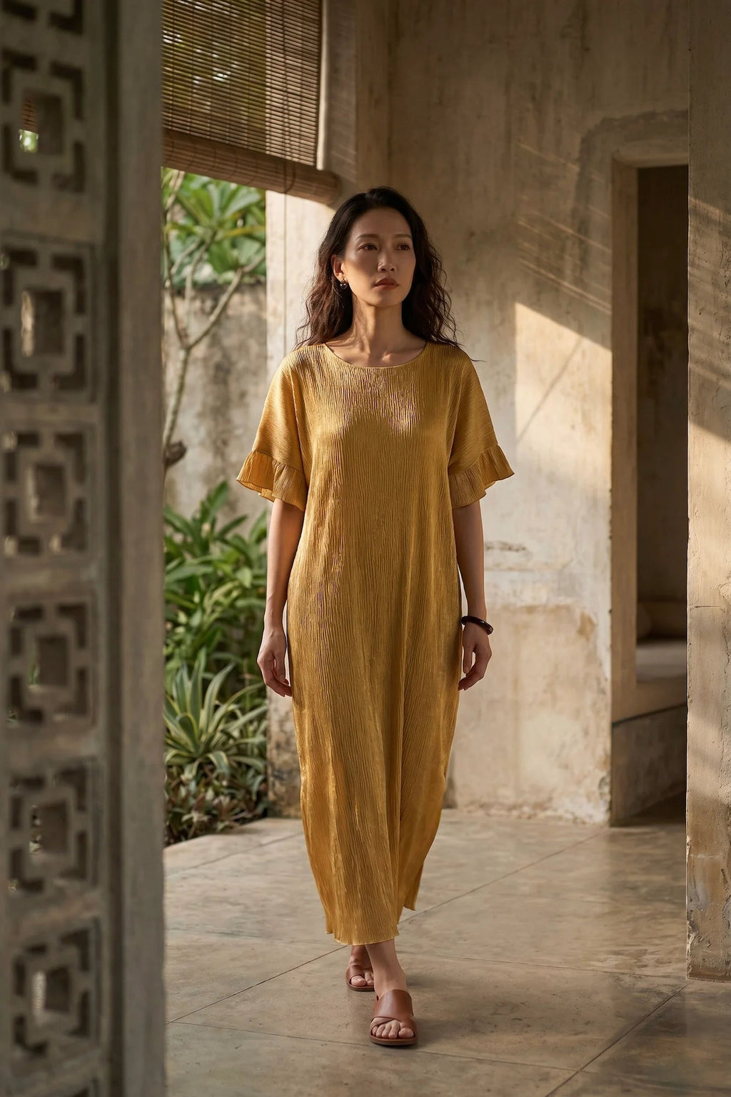 Đầm lụa dún Tám Lăng vàng rễ cây nhàu thời trang Hity