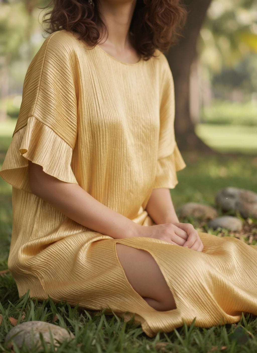 Đầm lụa dún Tám Lăng vàng rễ cây nhàu thời trang Hity