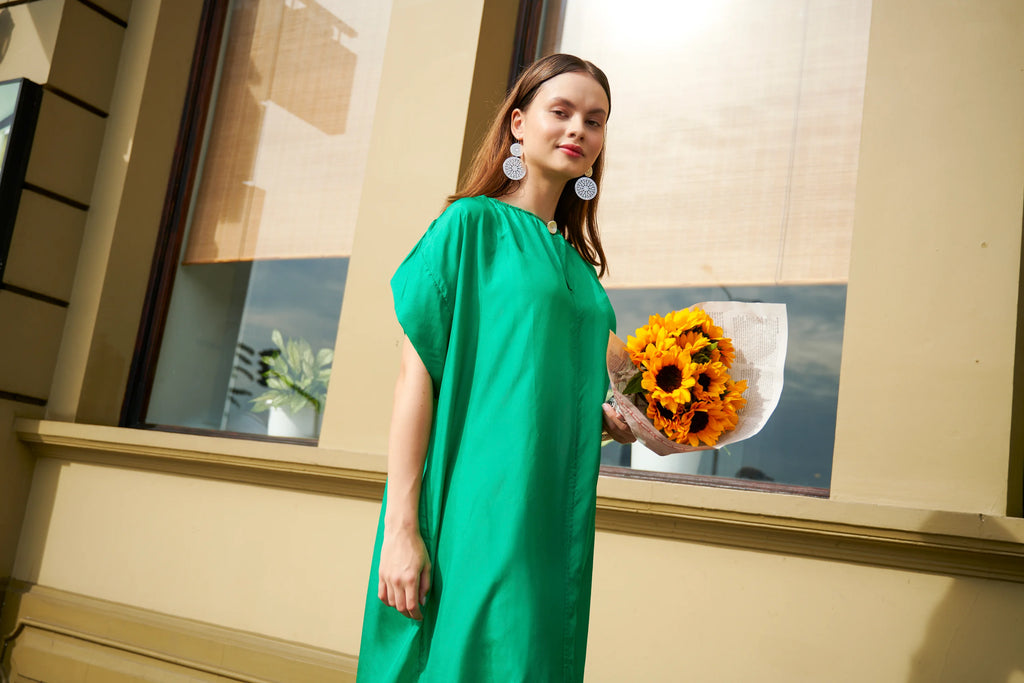 Đầm oversize lụa tơ tằm xanh ngọc lục bảo thời trang Hity