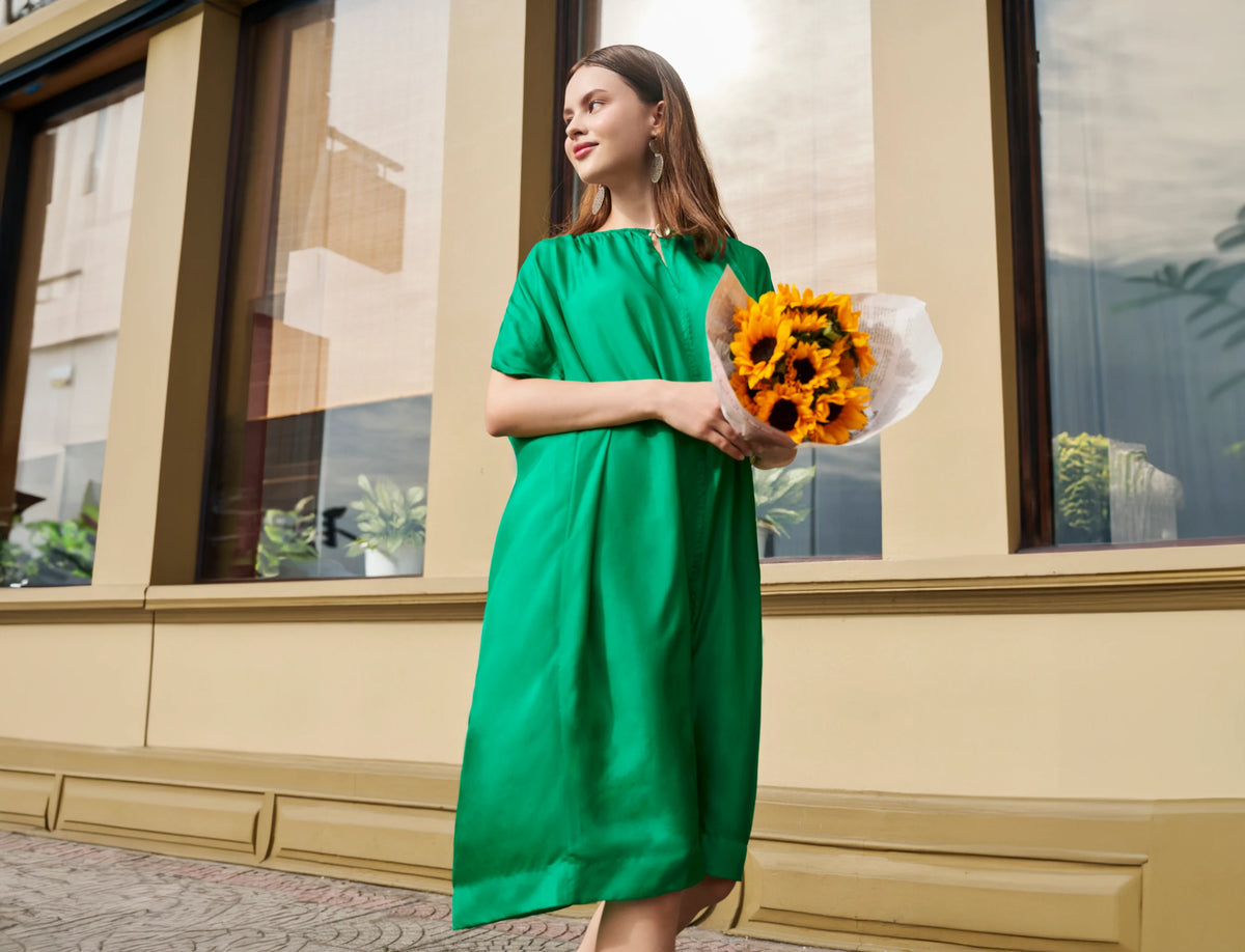 Đầm oversize lụa tơ tằm xanh ngọc lục bảo thời trang Hity