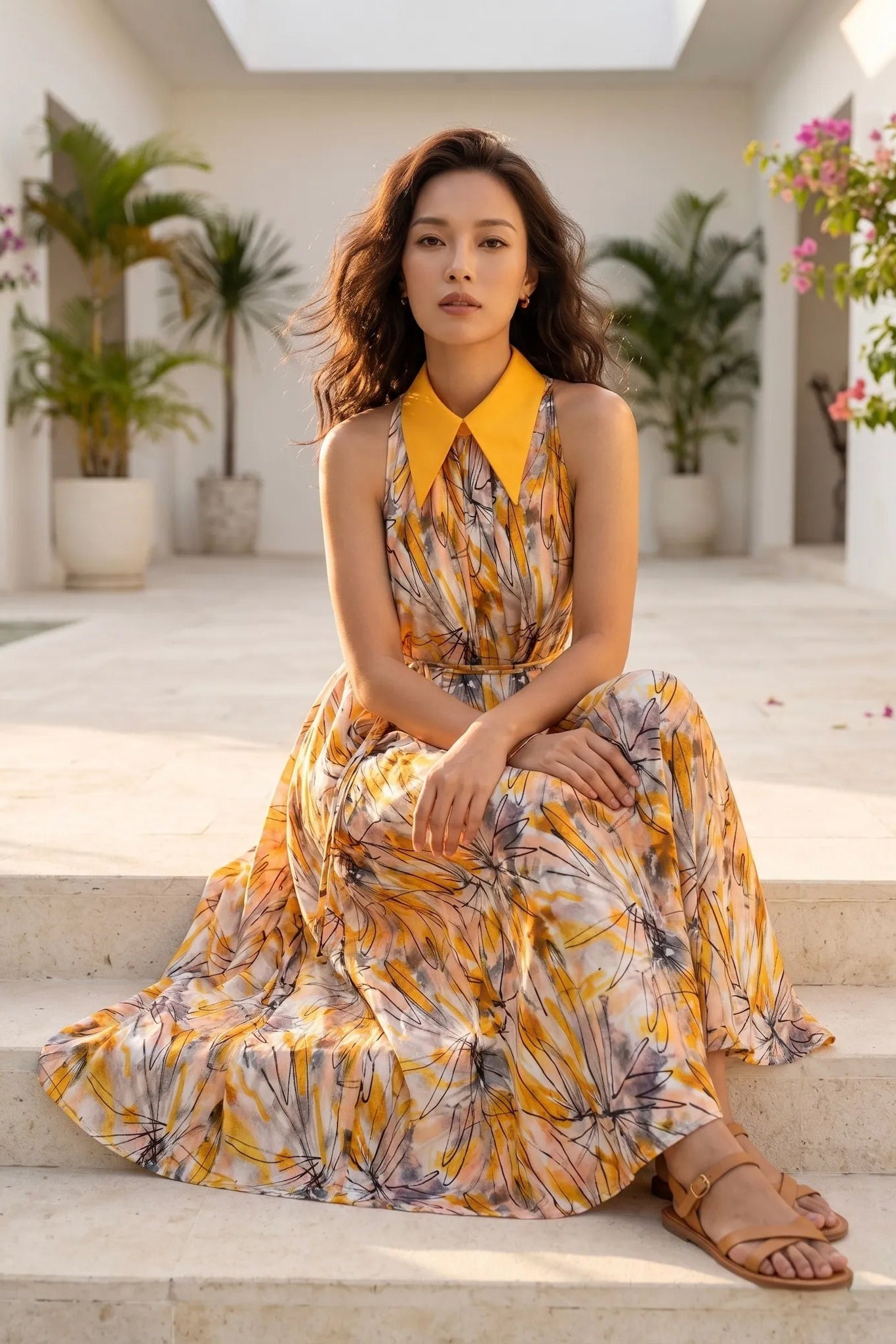 Đầm maxi cổ sơ mi hở vai thời trang Hity