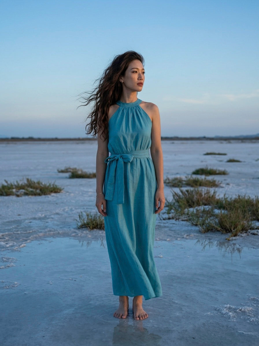 Đầm maxi cổ yếm halter linen xanh biển thời trang Hity