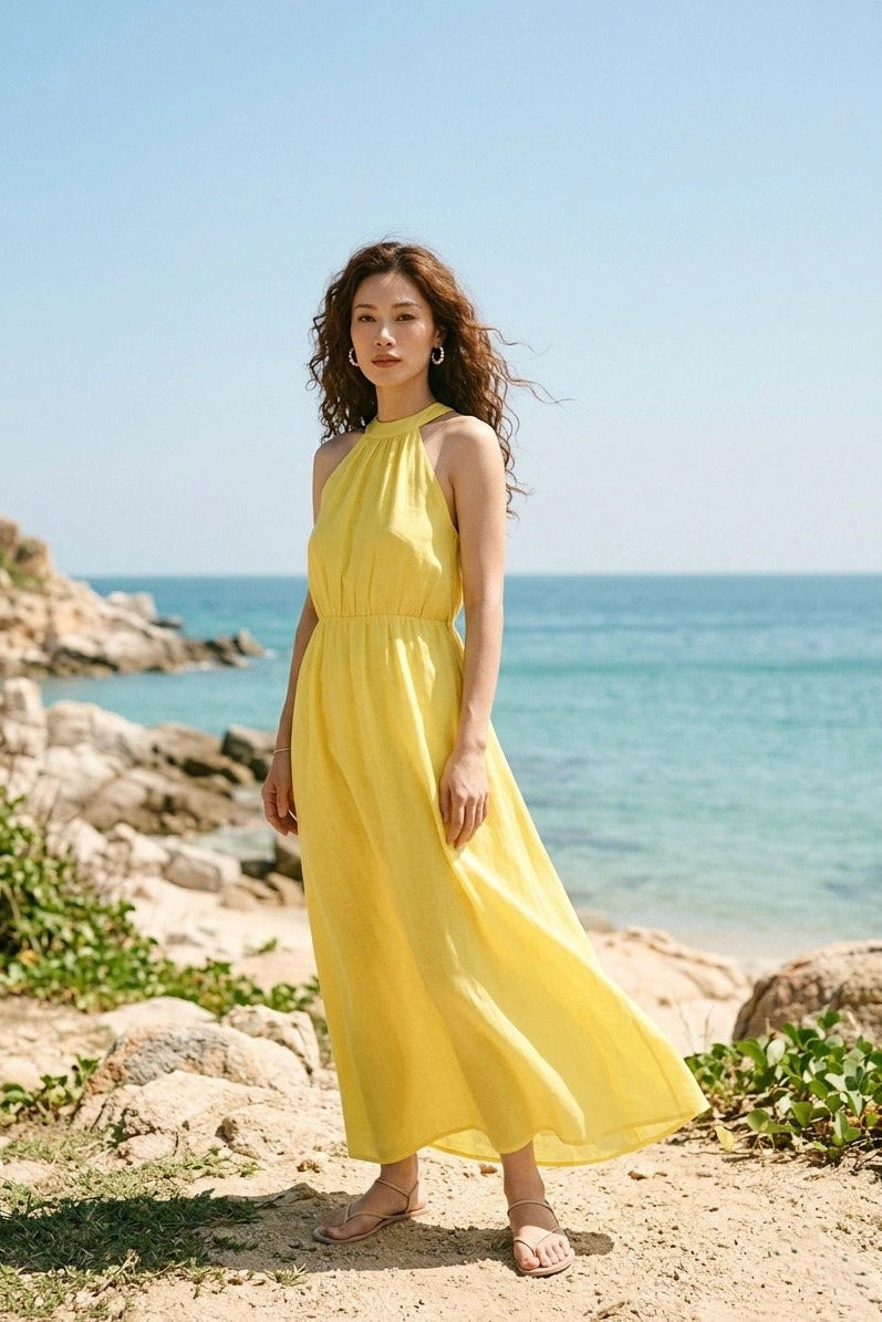 Đầm maxi cổ yếm linen vàng thời trang Hity
