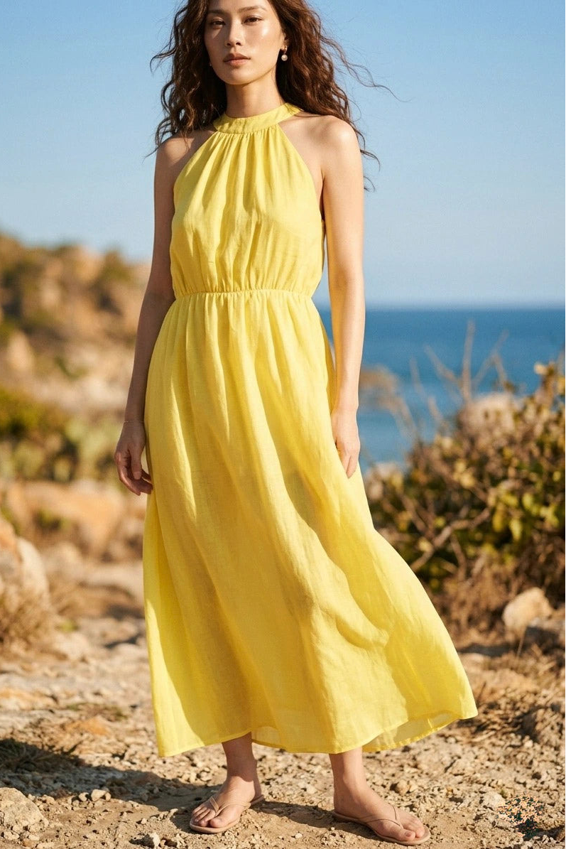 Đầm maxi cổ yếm linen vàng thời trang Hity