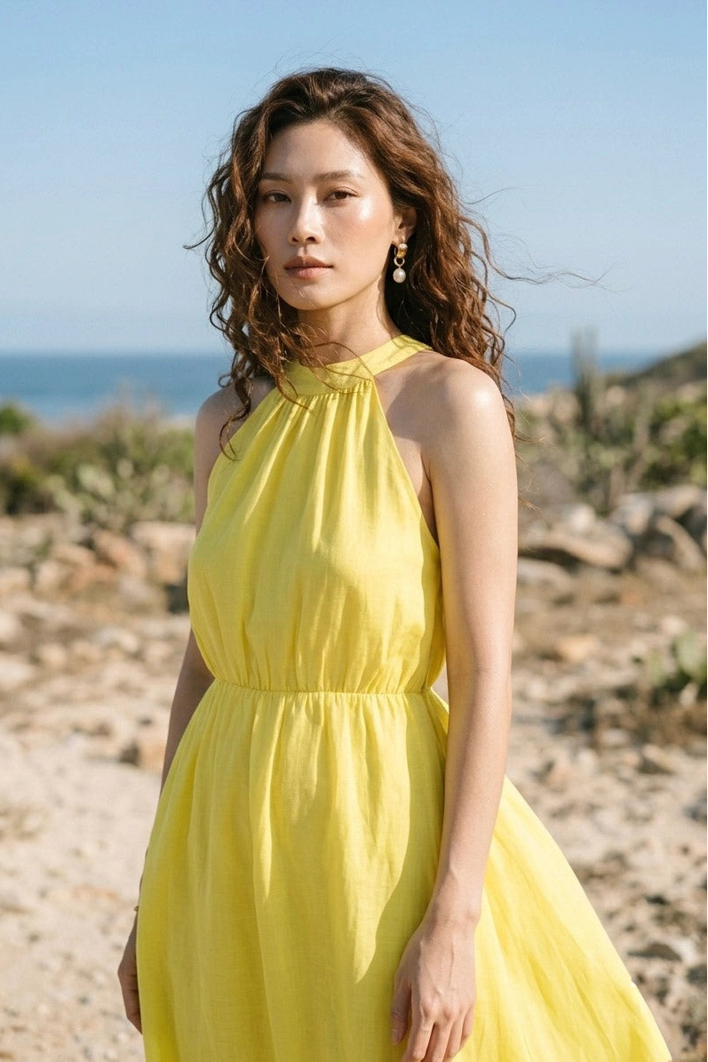 Đầm maxi cổ yếm linen vàng thời trang Hity