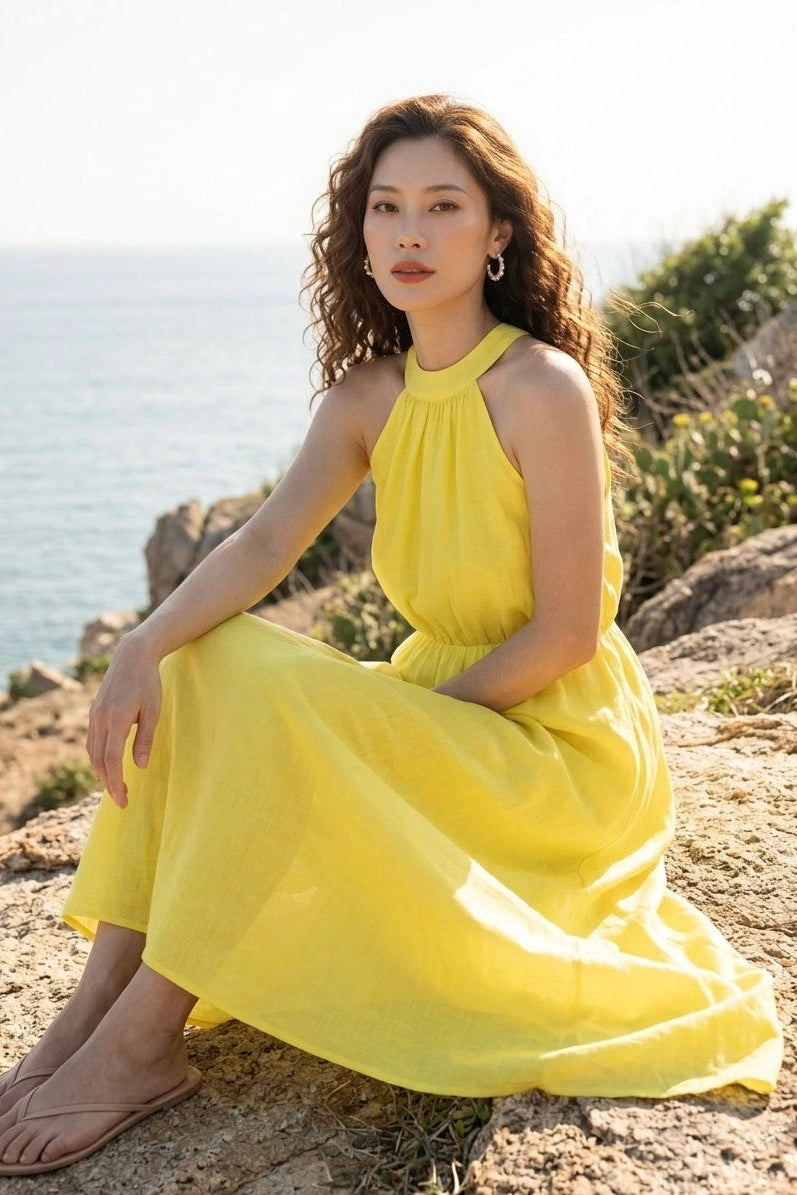 Đầm maxi cổ yếm linen vàng thời trang Hity