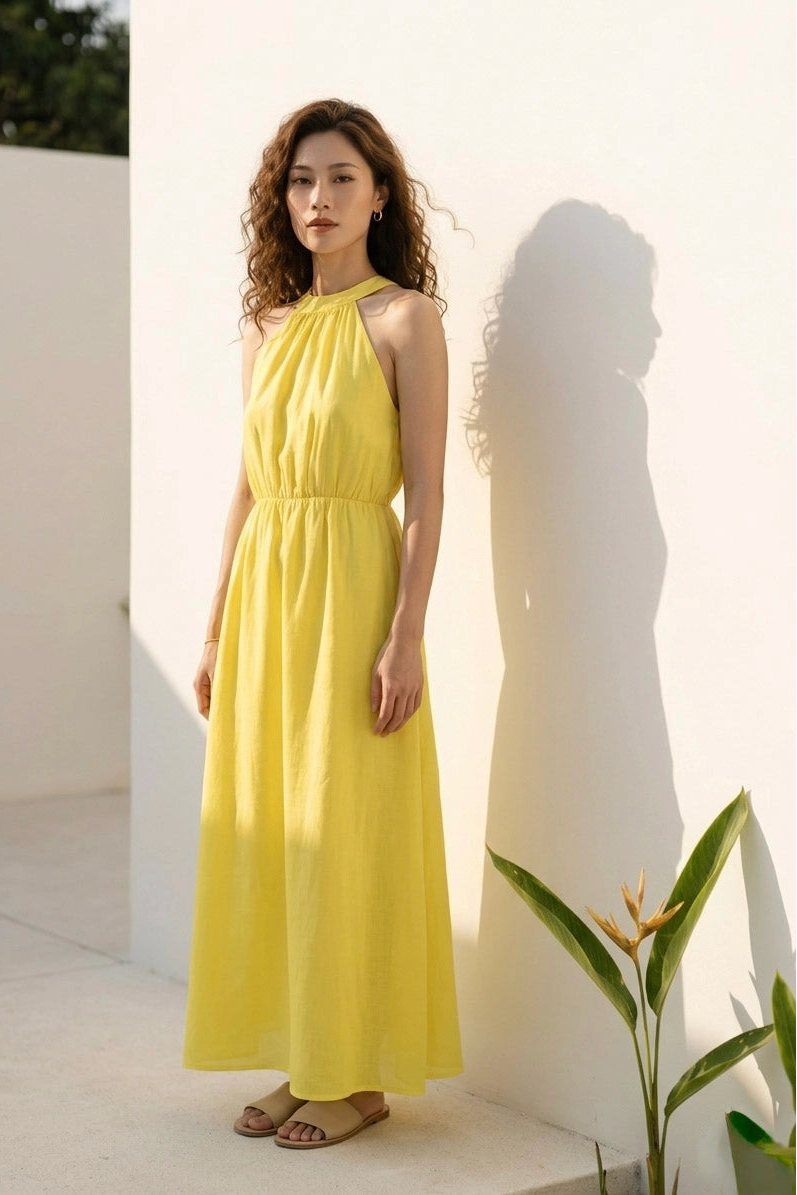 Đầm maxi cổ yếm linen vàng thời trang Hity