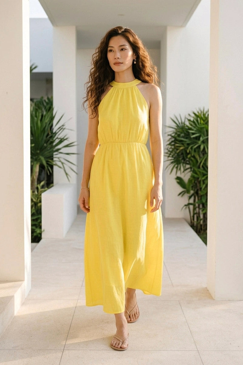 Đầm maxi cổ yếm linen vàng thời trang Hity
