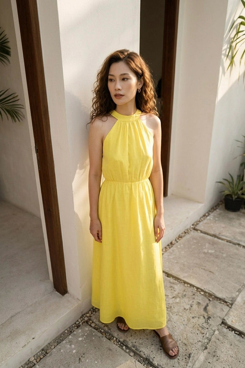 Đầm maxi cổ yếm linen vàng thời trang Hity