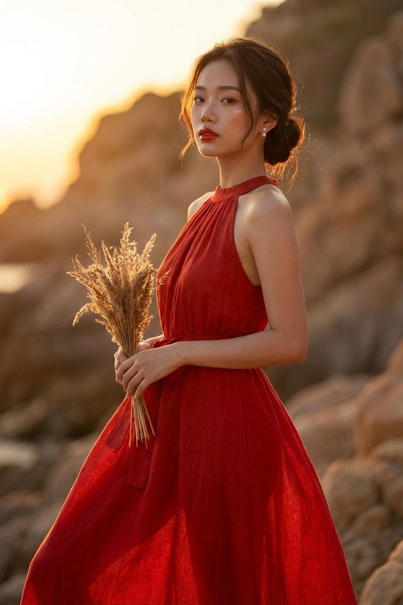 Đầm maxi dáng dài cổ yếm linen đỏ thời trang Hity