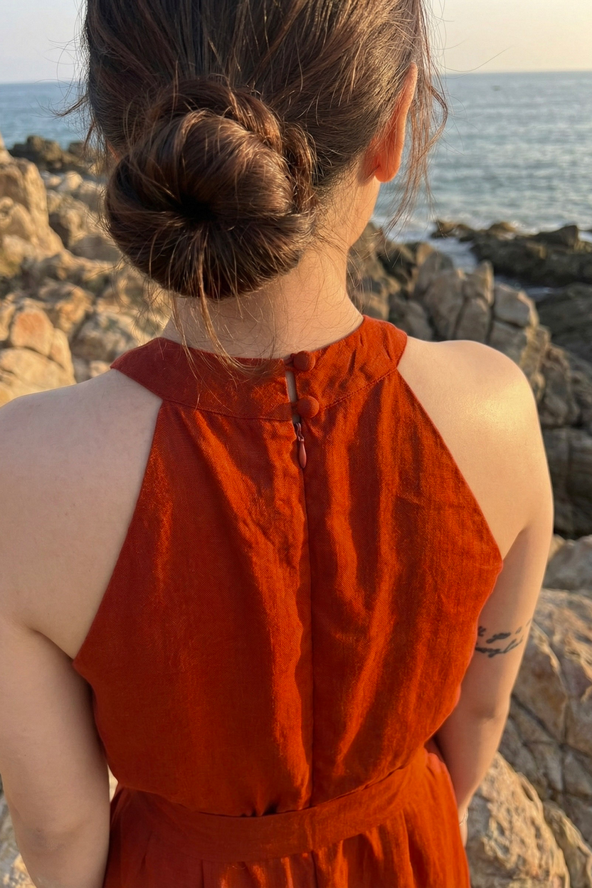 Đầm maxi dáng dài cổ yếm linen đỏ thời trang Hity