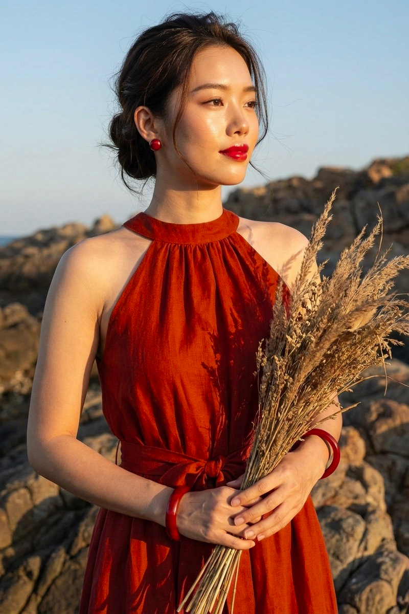 Đầm maxi dáng dài cổ yếm linen đỏ thời trang Hity