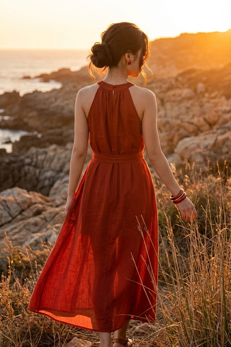 Đầm maxi dáng dài cổ yếm linen đỏ thời trang Hity