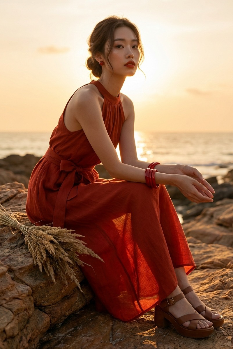 Đầm maxi dáng dài cổ yếm linen đỏ thời trang Hity