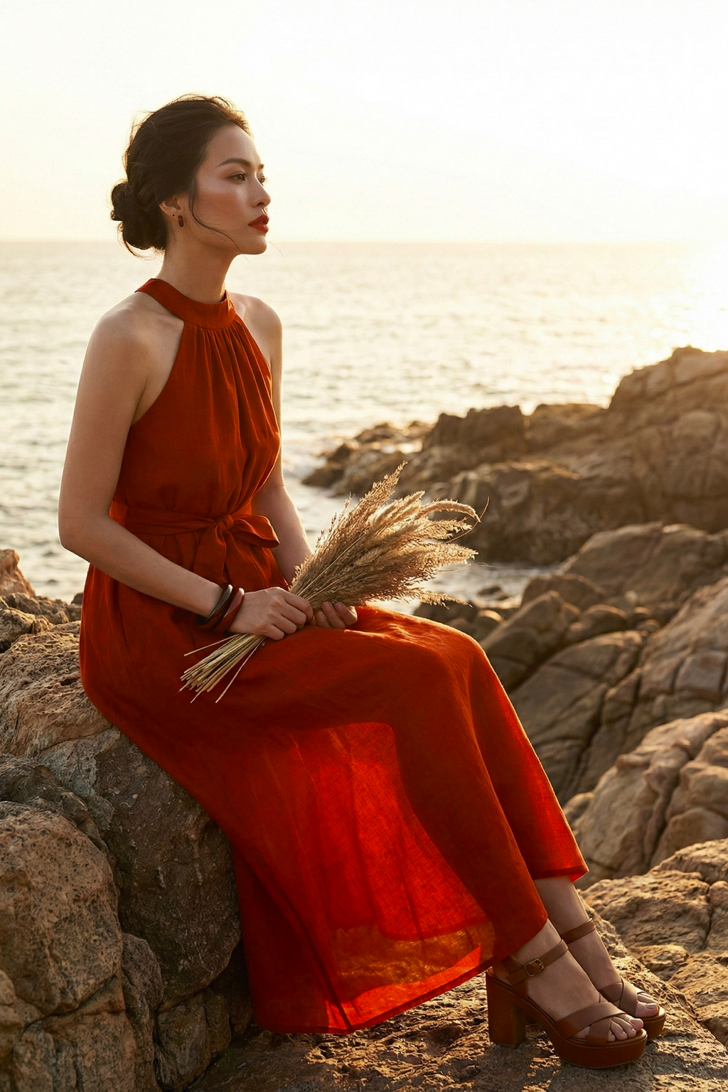 Đầm maxi dáng dài cổ yếm linen đỏ thời trang Hity