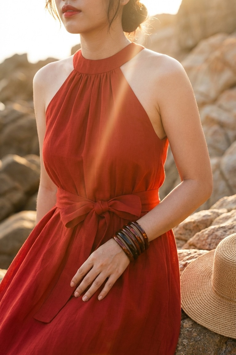 Đầm maxi dáng dài cổ yếm linen đỏ thời trang Hity