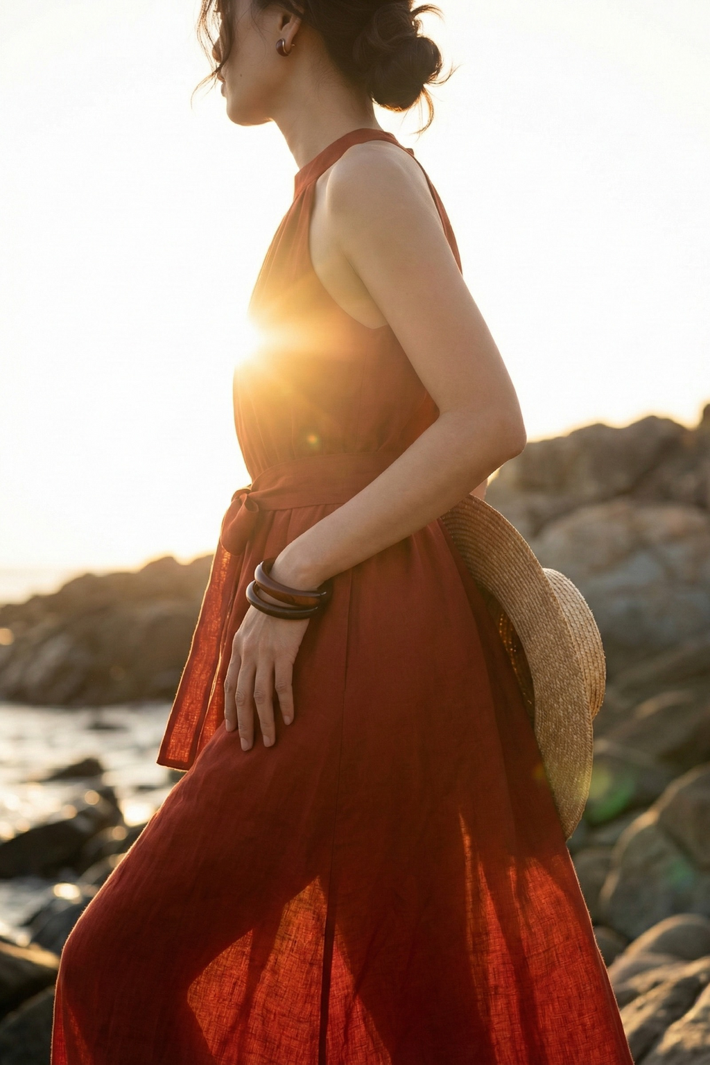 Đầm maxi dáng dài cổ yếm linen đỏ thời trang Hity