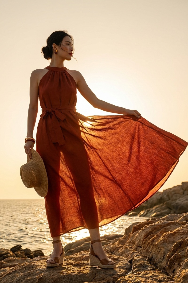 Đầm maxi dáng dài cổ yếm linen đỏ thời trang Hity