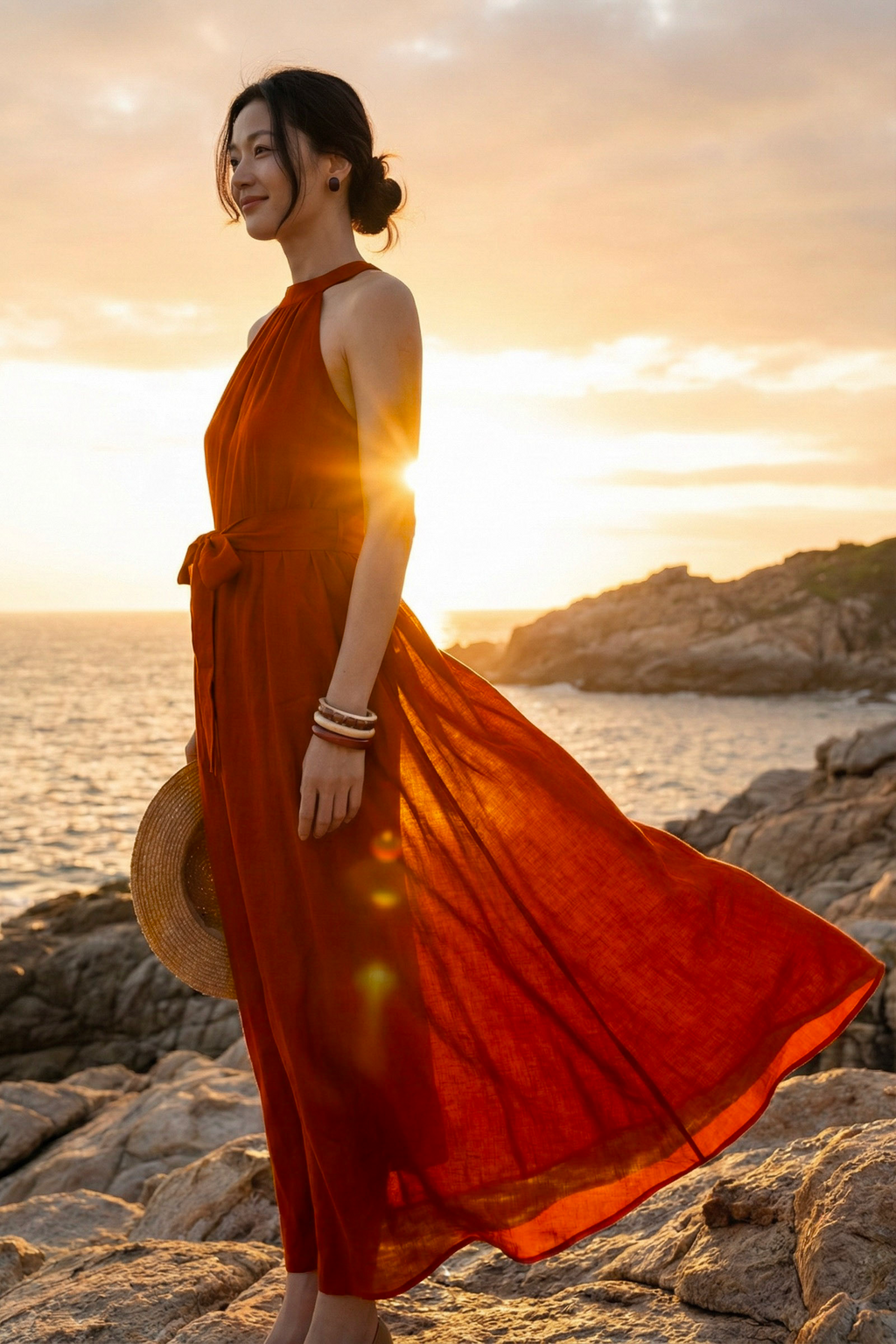 Đầm maxi dáng dài cổ yếm linen đỏ thời trang Hity