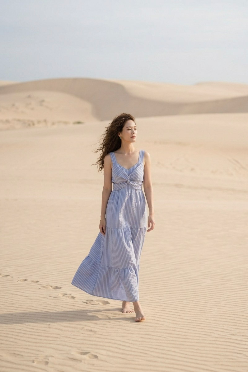 Đầm maxi cotton sọc xanh pastel thời trang Hity